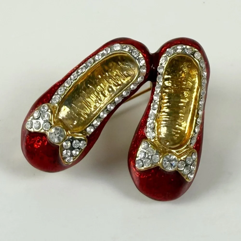 Fashion Jewelry Red Shoes Slippers Pin Brooch Gold Tone Clear Gems